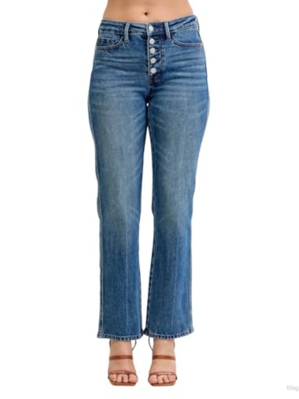 Mid Rise Slim Straight Jeans Button-Fly Low Stretch